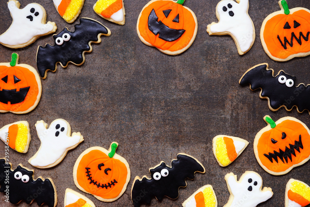 Poster halloween cookie frame. top view on a dark stone background with copy space. ghosts, bats, jack o la