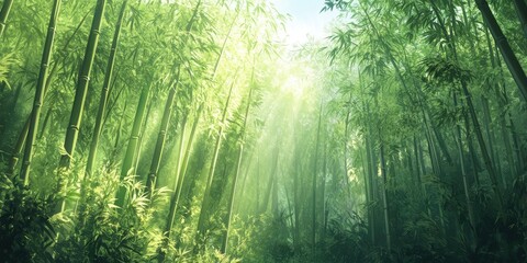 Sunlight filters through a lush bamboo forest.