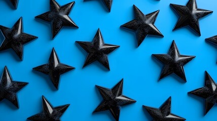 Obraz premium Black Stars on Blue Background, Abstract Image, Texture, Pattern, Wallpaper, Cover and Screen of Smartphone, Cell Phone, Computer, Laptop, 9:16 and 16:9 Format