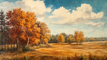 A picturesque autumn landscape with vibrant golden trees standing tall against a backdrop of a serene blue sky adorned with fluffy white clouds. The scene evokes a sense of tranquility, warmth, and th