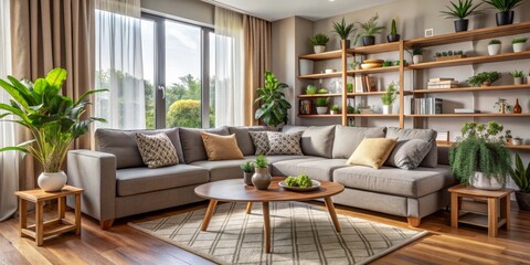 Fototapeta premium Modern Living Room with Grey Sectional Sofa and Wooden Coffee Table, living room , sectional sofa , modern decor , interior design