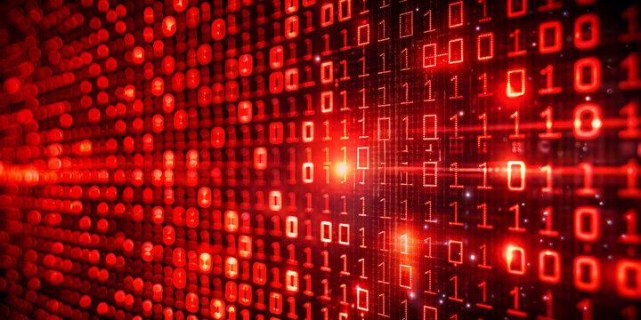 Digital red matrix wall background with numbers and letters. Futuristic technology binary code and computer data, virtual internet network program, digit, coding, cyberspace, security pattern