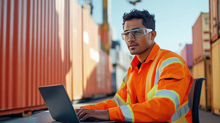 Data Entry by a Worker in Safety Uniform at Shipping Container Site