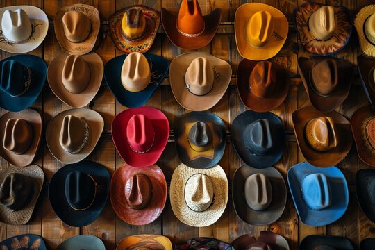 Many cowboy hats are hanging on a wooden wall forming a beautiful pattern