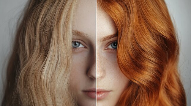 A striking contrast captures the transformation of hair color from a light blonde to a vibrant red. The changes highlight the beauty and complexity of hairstyling artistry