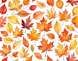 Obraz premium Watercolor illustration of autumn leaves in shades of orange, yellow and red on a white background.