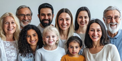 Obraz premium Socially diverse multicultural and multiracial people on an isolated white background. Happy old and young women and men with children, as well as people with disabilities standing, Generative AI