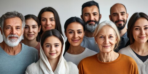 Fototapeta premium Socially diverse multicultural and multiracial people on an isolated white background. Happy old and young women and men with children, as well as people with disabilities standing, Generative AI