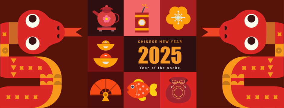 Chinese New Year 2025. Set of Vector Backgrounds. Festive Gift Card Templates. Modern Flat Design Elements. Festive Ads, Web Poster, Flyers and Brochures, Greeting Cards, Bright Group Covers