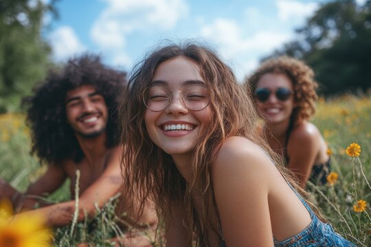 Group of multiracial people enjoy day at city park - Diverse young friedns having fun outdoor, Generative AI