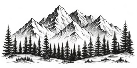 Mountainous Landscape Ink Drawing, Black and White, Detailed Mountain Range and Trees, Nature Art, landscape , nature , forest