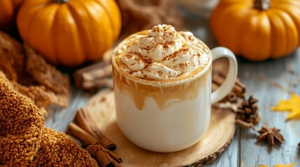 Fototapeta premium Pumpkin spice latte cup with pumpkins and autumn fall decoration background horizontal composition