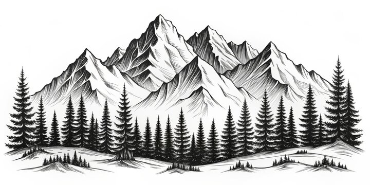 Mountainous Landscape Ink Drawing, Black and White, Detailed Mountain Range and Trees, Nature Art, landscape , nature , forest