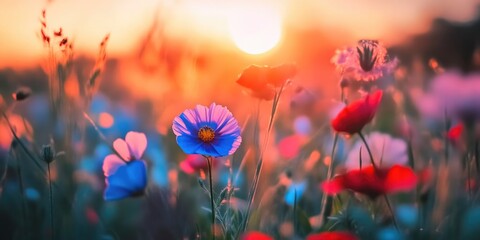 Obraz premium Golden Wildflowers Blooming at Sunset