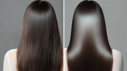 Fototapeta premium A person's hair is shown before and after a treatment, highlighting the stark contrast between the dull texture and the glossy, vibrant finish achieved through care, botox and keratin