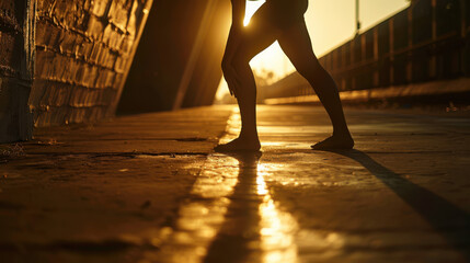 A close-up photograph of a woman in a deep lunge yoga pose, captured from a low angle, shadows