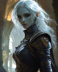 elven knight in dark armor with white hair standing in a grand cathedral, her calm yet resolute expression under golden light
