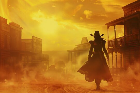 Silhouette of a cowgirl walking away from a dusty gunfight at sunset in a western town