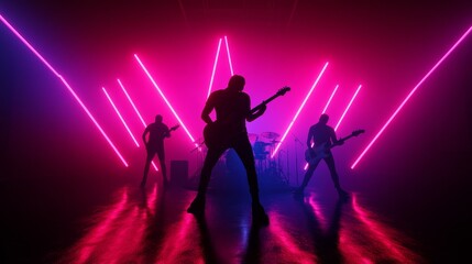 A silhouette of a rock band performing on stage with bright neon lights in the background. The image conveys energy, excitement, and the power of live music.