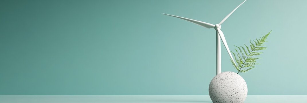 A simple yet powerful image showcasing a minimalist white wind turbine model set against a soft teal background. It symbolizes sustainability, clean energy, and the future of renewable power.