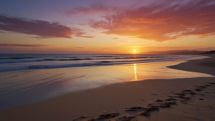 Obraz premium Peaceful Beach at Sunset, Golden Sands, Gentle Waves, Sky in Orange, Pink, & Purple Hues