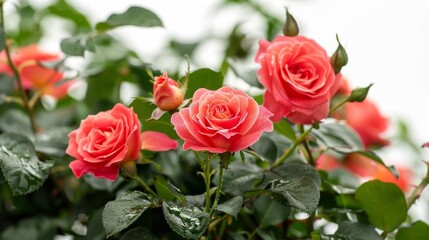 Red colorful rose bushes flowers isolated on white background horizontal composition