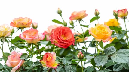 Fototapeta premium Red colorful rose bushes flowers isolated on white background horizontal composition
