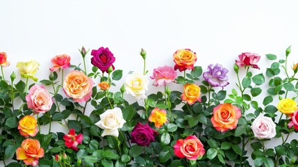Fototapeta premium Red colorful rose bushes flowers isolated on white background horizontal composition