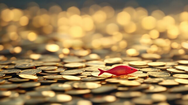 A red herring lies on a bed of gold coins, symbolizing distraction or misdirection from important matters. Conceptual image of misleading tactics.