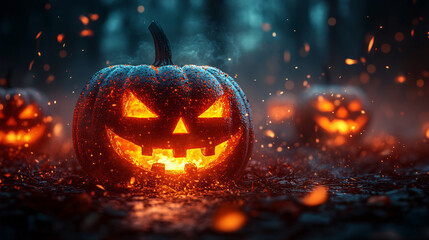 A Halloween background featuring a glowing jack o lantern pumpkin, perfect for holiday celebrations and spooky themed events.