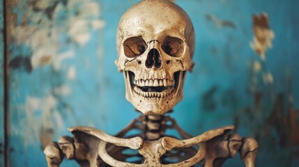 Smiling Skeleton Against a Blue Background