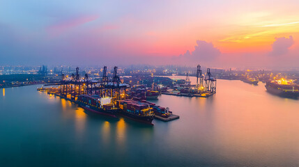 Naklejka premium Tranquil dawn break at the harbor, ships at dock and cranes busy loading containers, symbolizing the start of a new day in global trade.