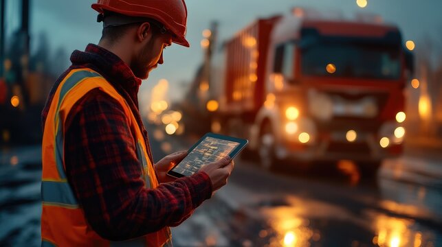 Construction Professional Monitoring Data with Truck Nearby