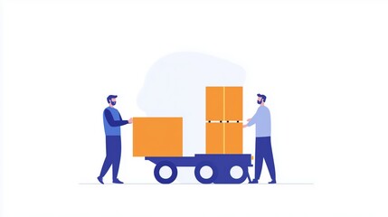 Illustration of two professional men working together in a warehouse, managing boxes, handling logistics, fulfillment tasks. Transportation, supply chain management, teamwork.