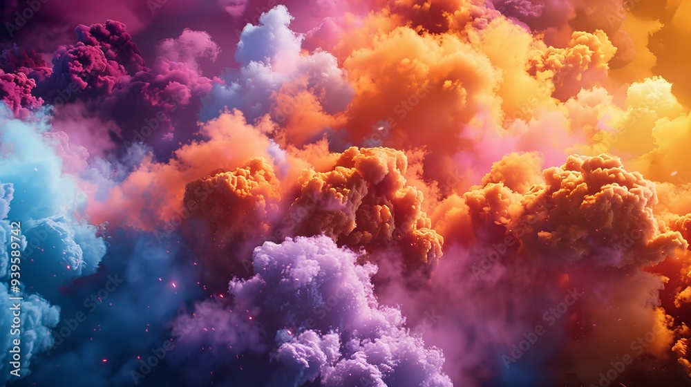 Canvas Prints Vivid and dynamic cloudscape portraying a spectrum of colors from deep purples to warm oranges, offering a surreal and visually striking effect.