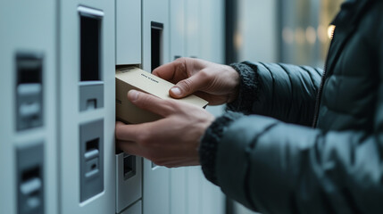 Naklejka premium Delivery machine terminal and hands of courier with parcel, contactless packaging.