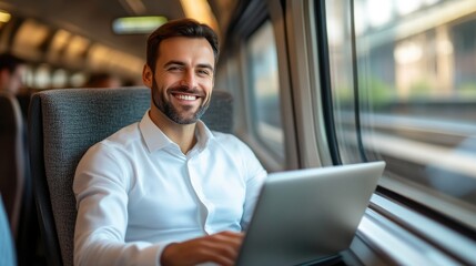 Obraz premium Handsome Businessman Traveling in Comfort with Laptop