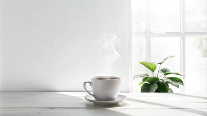 Hot coffee in a white cup on a white table with aromatic steam, green plant on windowsill in the background