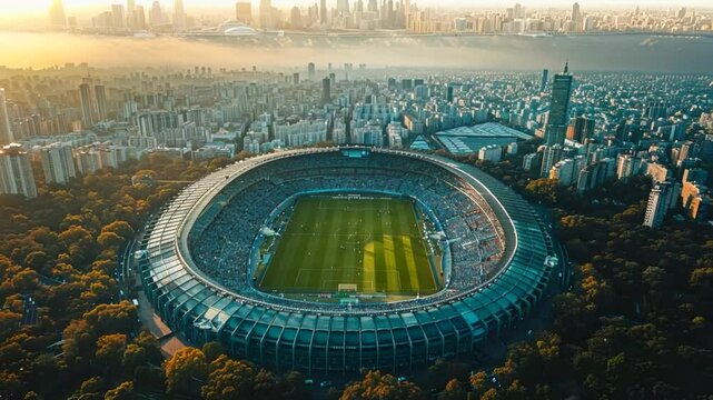 Aerial view of a packed stadium during a soccer match in the city at sunset