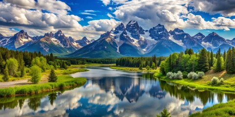 Fototapeta premium Reflected Serenity Majestic Mountain Range Mirrored in a Tranquil River, Landscape Photography, Nature, Mountains, Reflection, Water