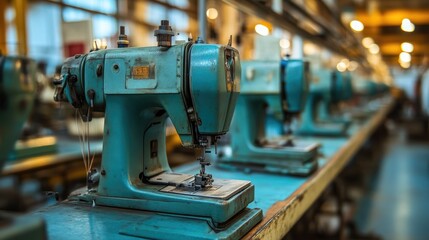 Fototapeta premium Row of Sewing Machines in Garment Manufacturing Facility