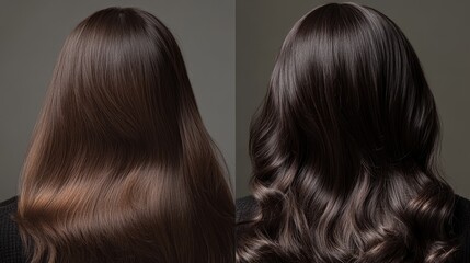 Fototapeta premium A person's hair is displayed before and after styling, highlighting the enhanced shine, smoothness, and wavy texture achieved through professional treatment, botox and keratin, cold restoration