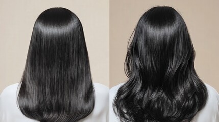 The hair undergoes a striking transformation, shifting from a sleek, straight style to a full-bodied, botox and keratin, cold restoration, happiness for hair before after