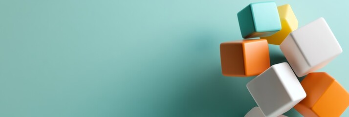 A vibrant and playful arrangement of colorful cubes, representing concepts like creativity, innovation, problem-solving, and teamwork. The cubes are set against a calming turquoise background, adding 