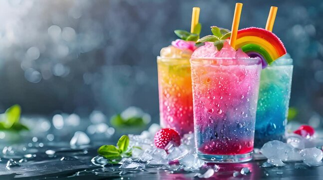 Rainbow slushie drinks with mint garnish and rainbow candy decoration