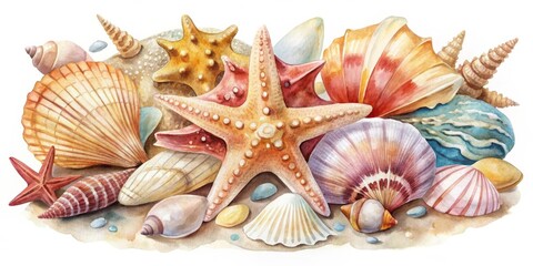 Seashells and Starfish Watercolor Composition, Seashells, Ocean, Marine, Beach, Coastal