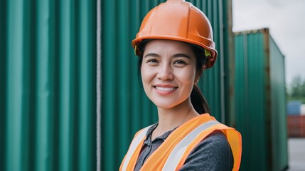 Portrait of a smiling female worker wearing an orange hard hat and safety vest in a shipping yard, emphasizing logistics, safety, and industrial operations.