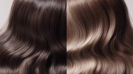 Naklejka premium A person's hair undergoes transformation from a rich dark shade to a warm light color, highlighting the smooth and shiny texture of the locks