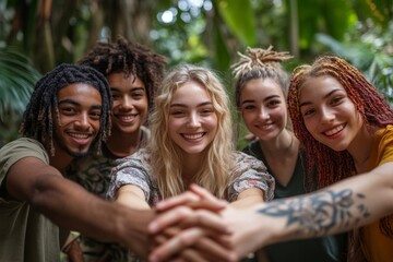 Company of diverse friends stacking hands together, Generative AI