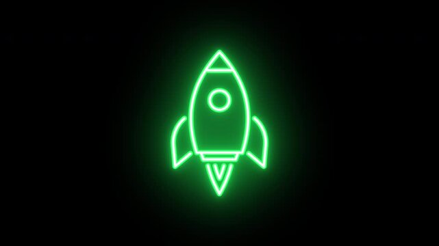 Neon rocket animation, uniform rotation with color blink. Glowing neon 3D spaceship icon, looped spin with blink. Spacecraft flight, space technology, startup launch, business boost. 4 colors
